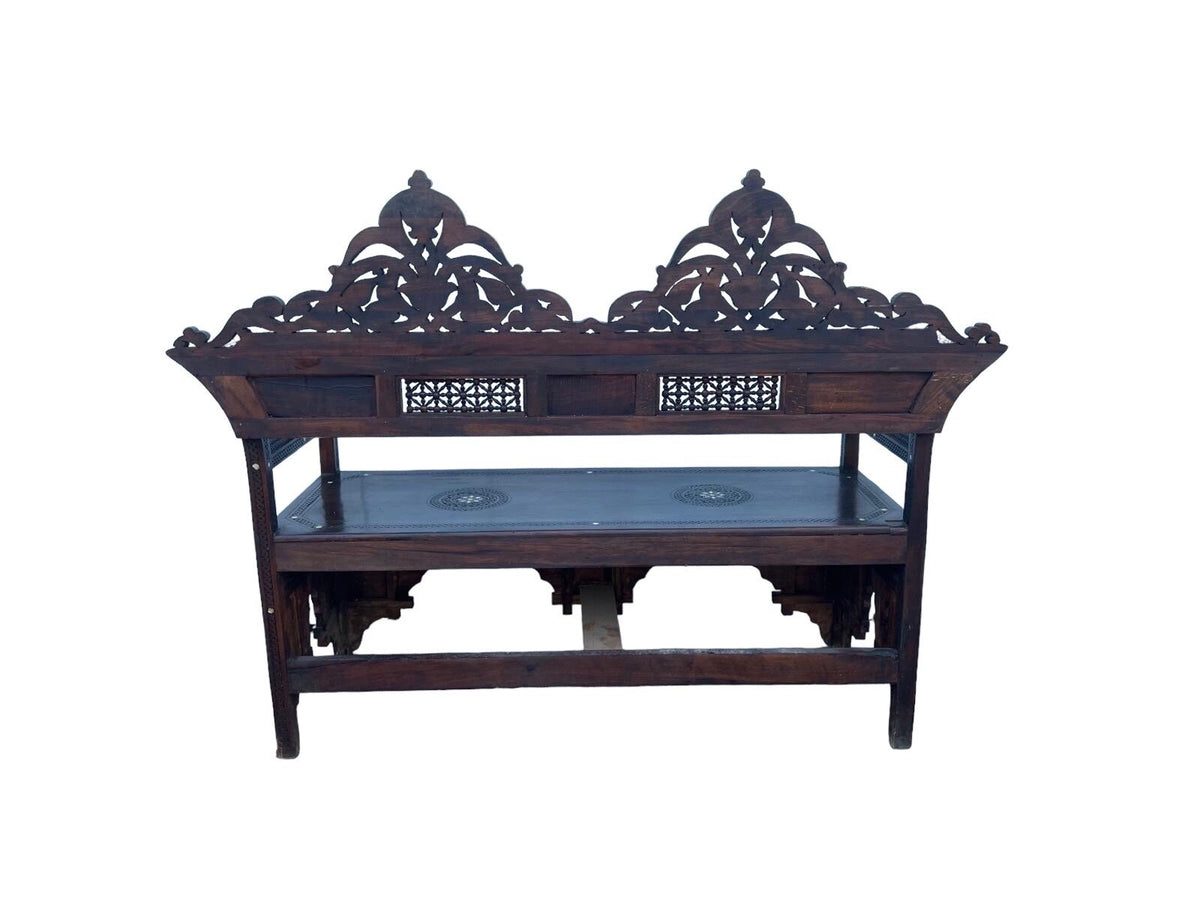 Vintage wooden Syrian white shell mother of pearl bench