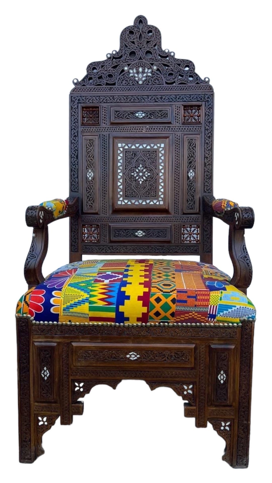 Vintage Hand Carved Syrian Chair | Mother of Pearl Inlay, African Fabric