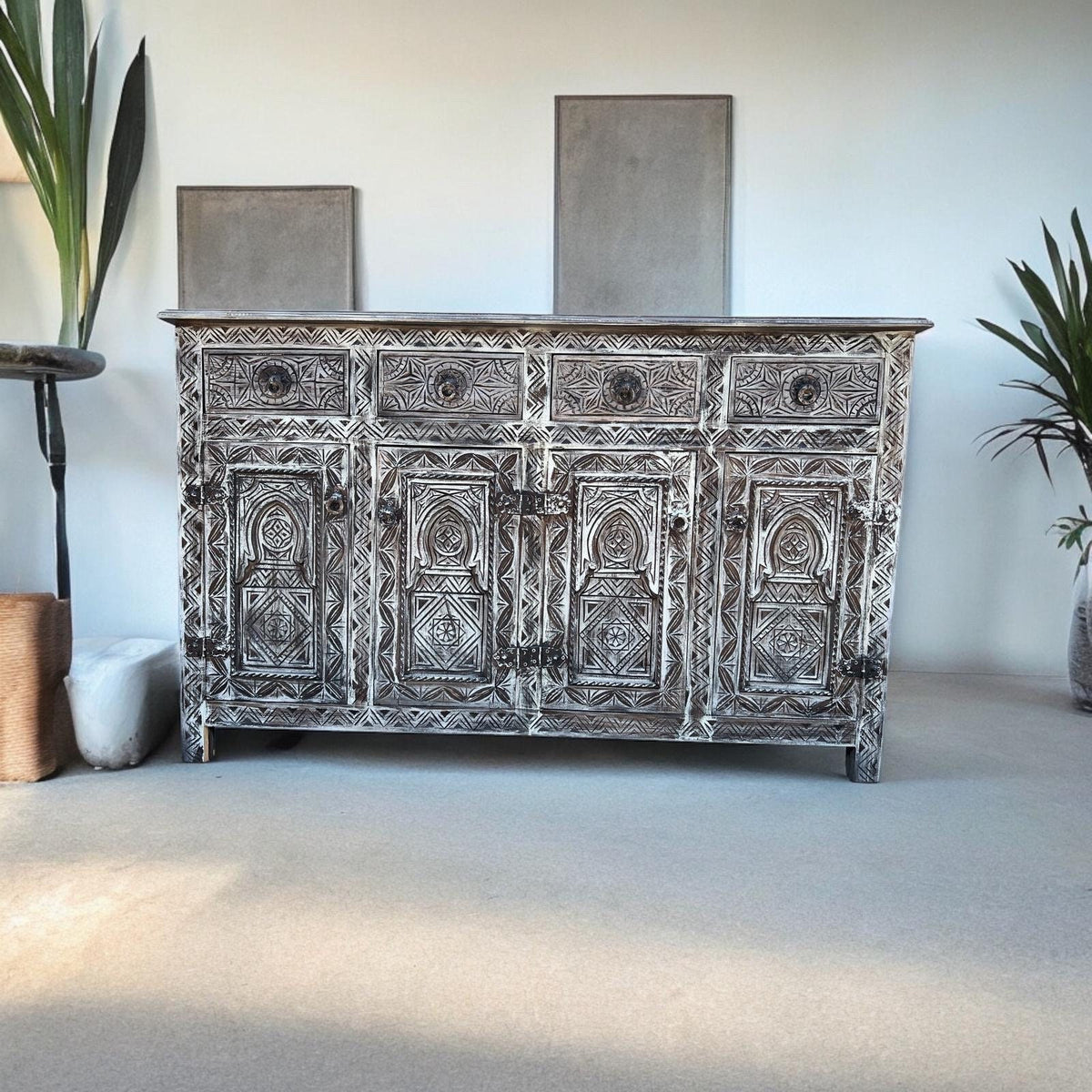 Handmade Carved Berber Wood Buffet, Moroccan Cabinet with Drawers