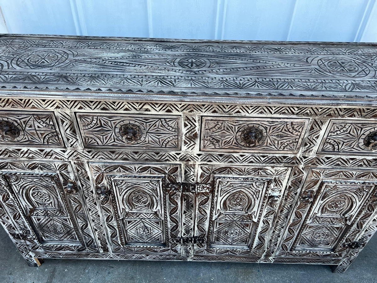 Handmade Carved Berber Wood Buffet, Moroccan Cabinet with Drawers