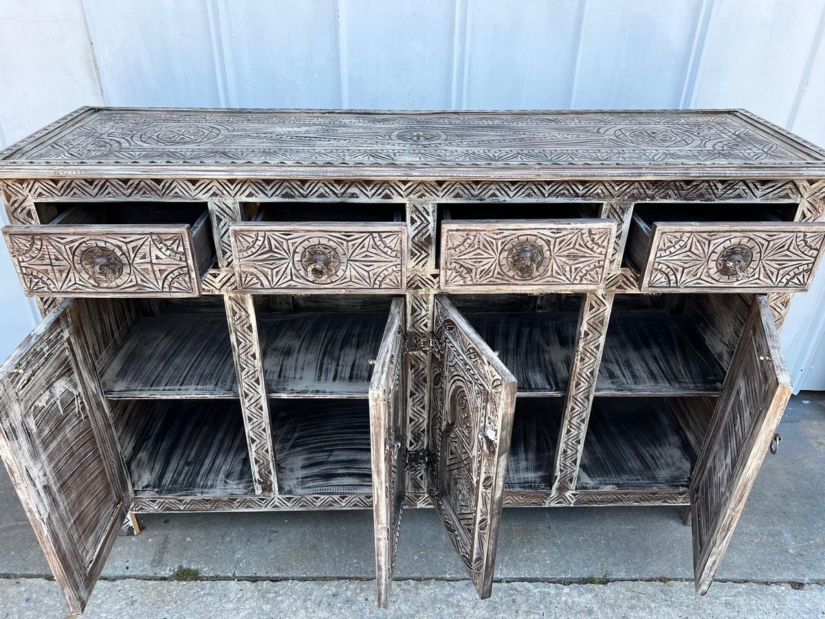 Handmade Carved Berber Wood Buffet, Moroccan Cabinet with Drawers