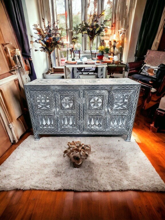 Handmade Berber Carved Moroccan Buffet Cabinet with Door Panels