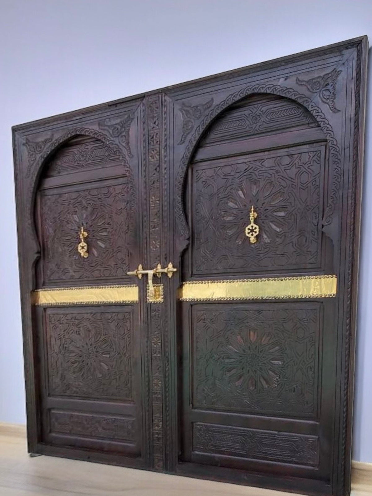 Handmade King Headboard Bed: Moroccan Carved Cedar Doors, Brass Knockers
