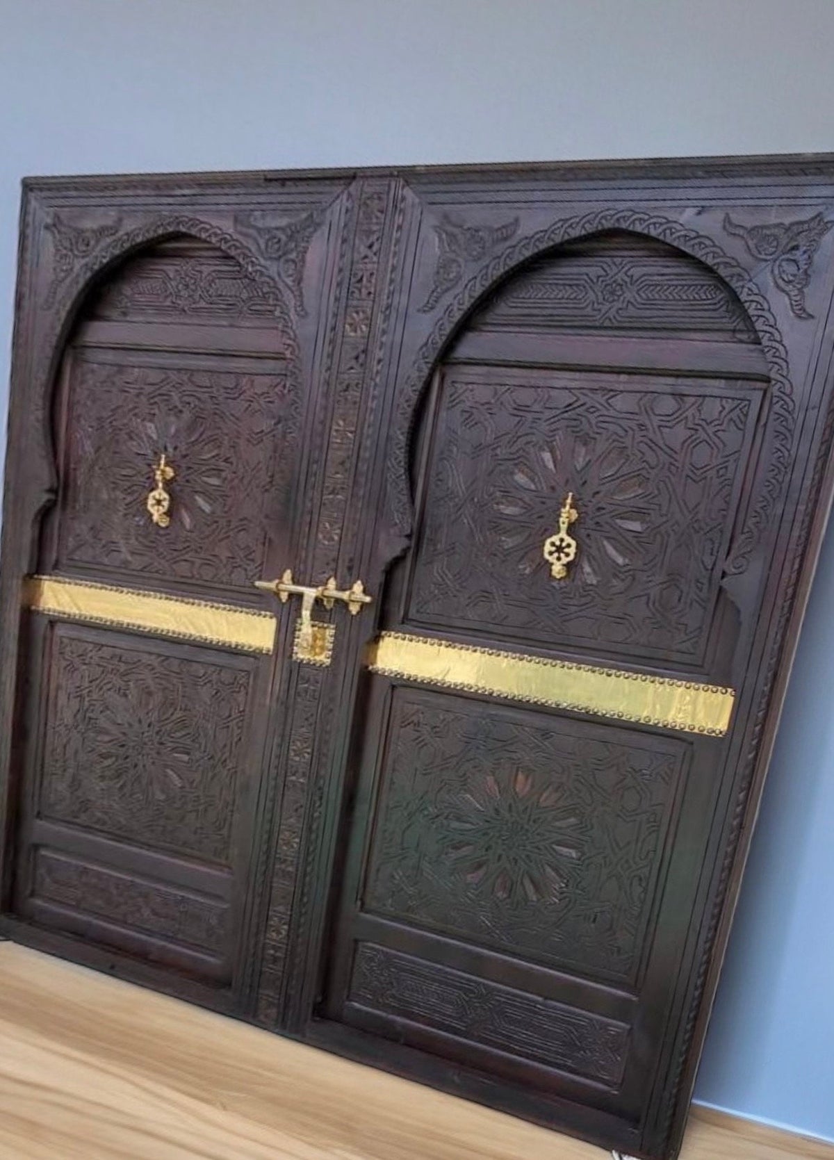 Handmade King Headboard Bed: Moroccan Carved Cedar Doors, Brass Knockers