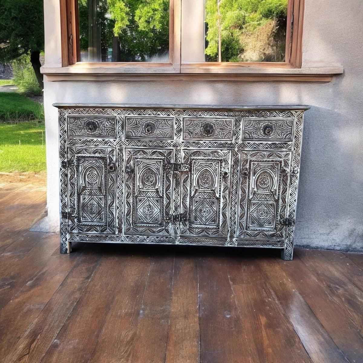 Handmade Carved Berber Wood Buffet, Moroccan Cabinet with Drawers