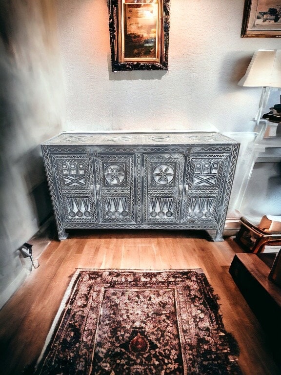Handmade Berber Carved Moroccan Buffet Cabinet with Door Panels