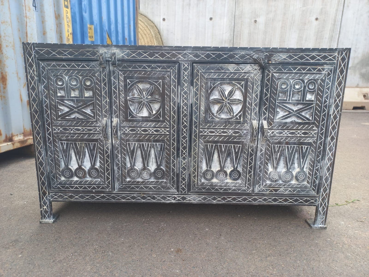 Handmade Berber Carved Moroccan Buffet Cabinet with Door Panels