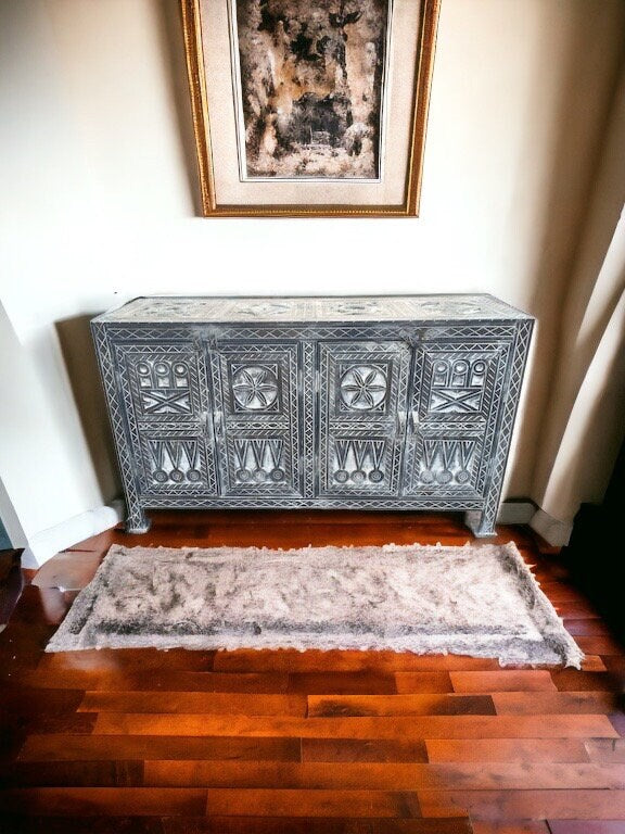 Handmade Berber Carved Moroccan Buffet Cabinet with Door Panels