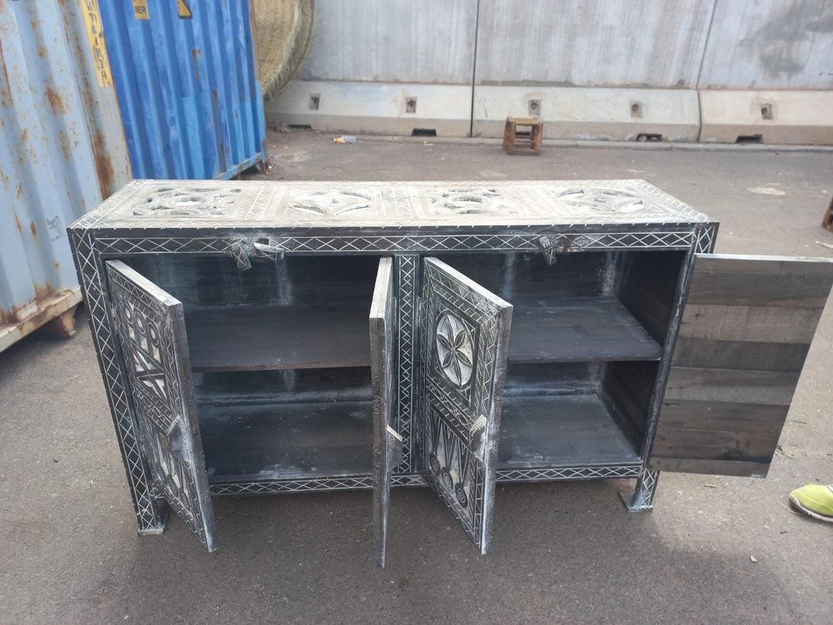Handmade Berber Carved Moroccan Buffet Cabinet with Door Panels
