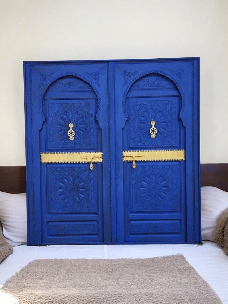 Handmade Moroccan Blue Headboard Bed, Carved Cedar Doors & Brass