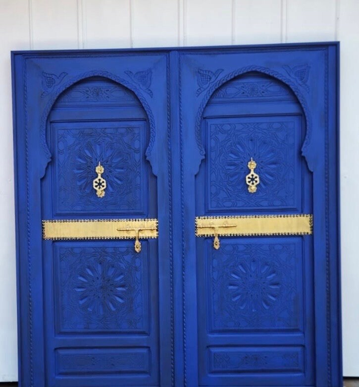 Handmade Moroccan Blue Headboard Bed, Carved Cedar Doors & Brass