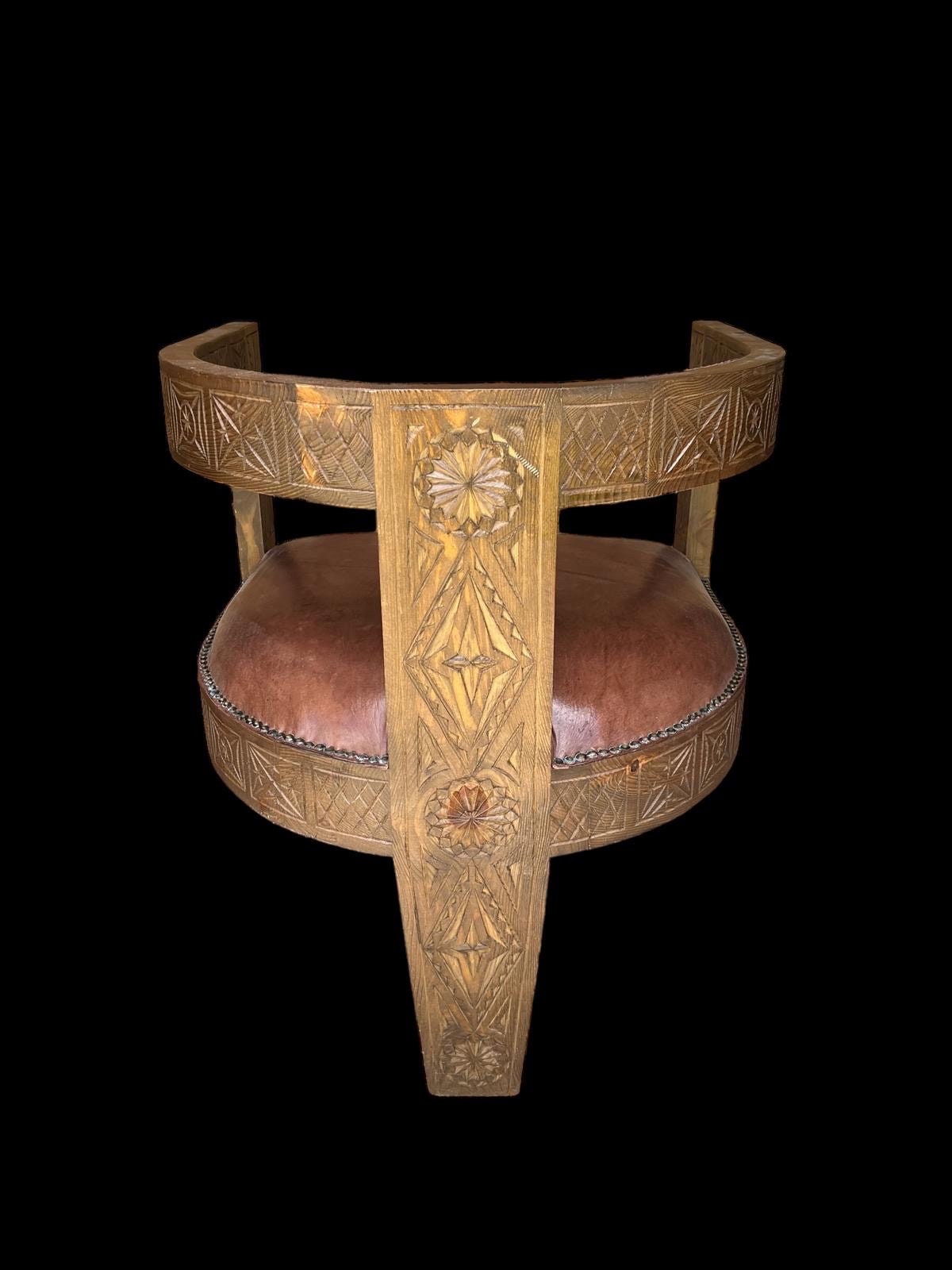 Handmade Moroccan Carved Wood & Leather Chair