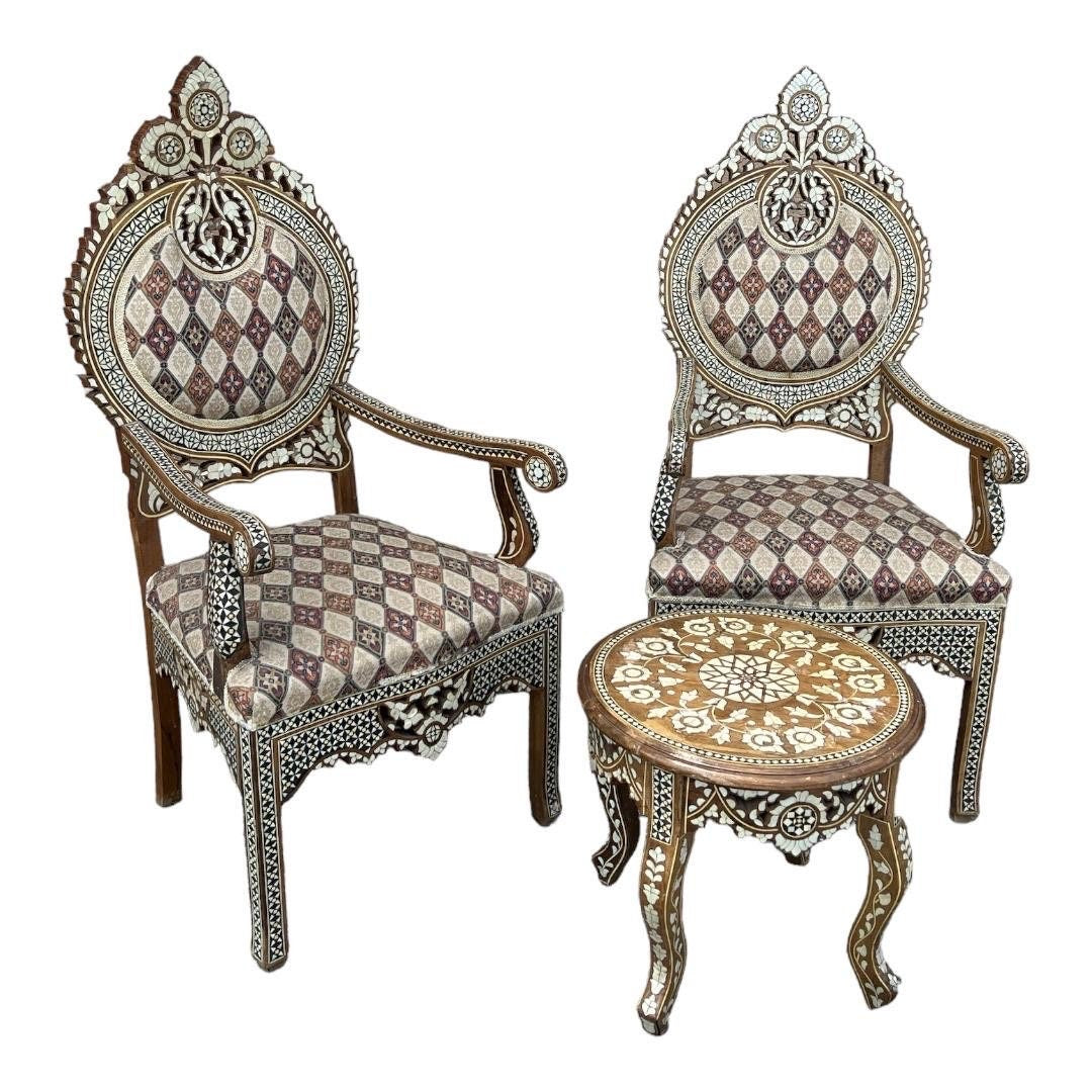 Antique Syrian Mother of Pearl Inlay Chairs & Ottoman Set