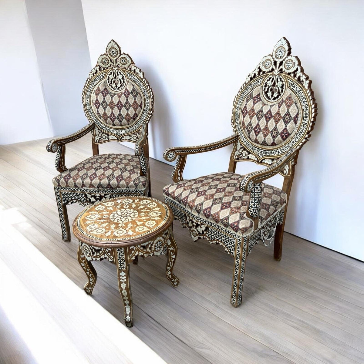 Antique Syrian Mother of Pearl Inlay Chairs & Ottoman Set