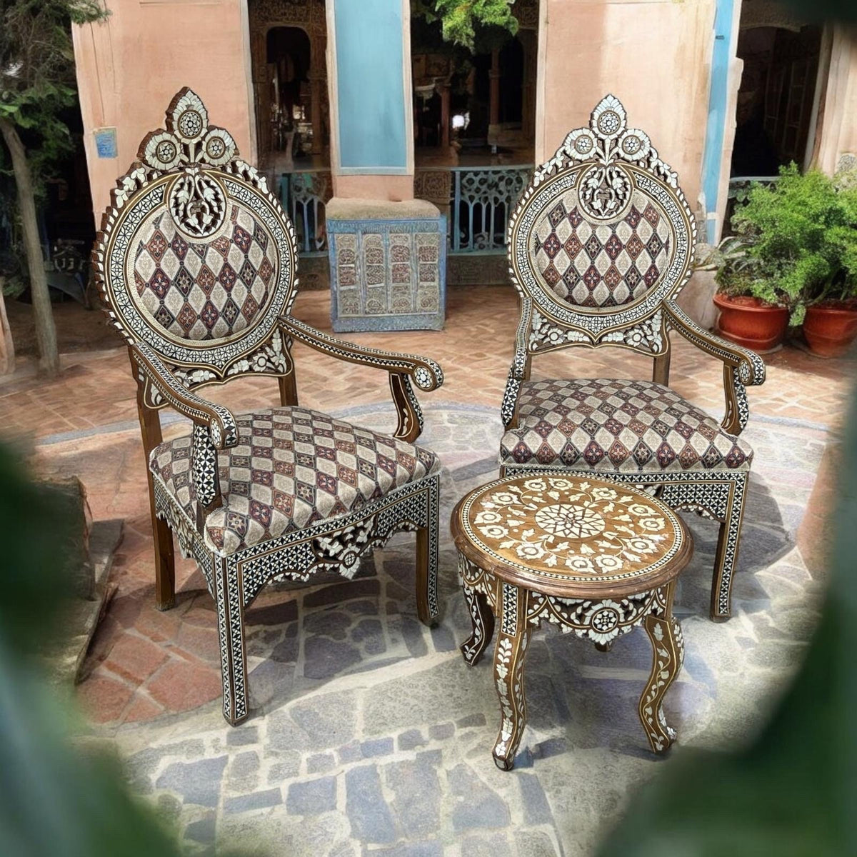 Antique Syrian Mother of Pearl Inlay Chairs & Ottoman Set