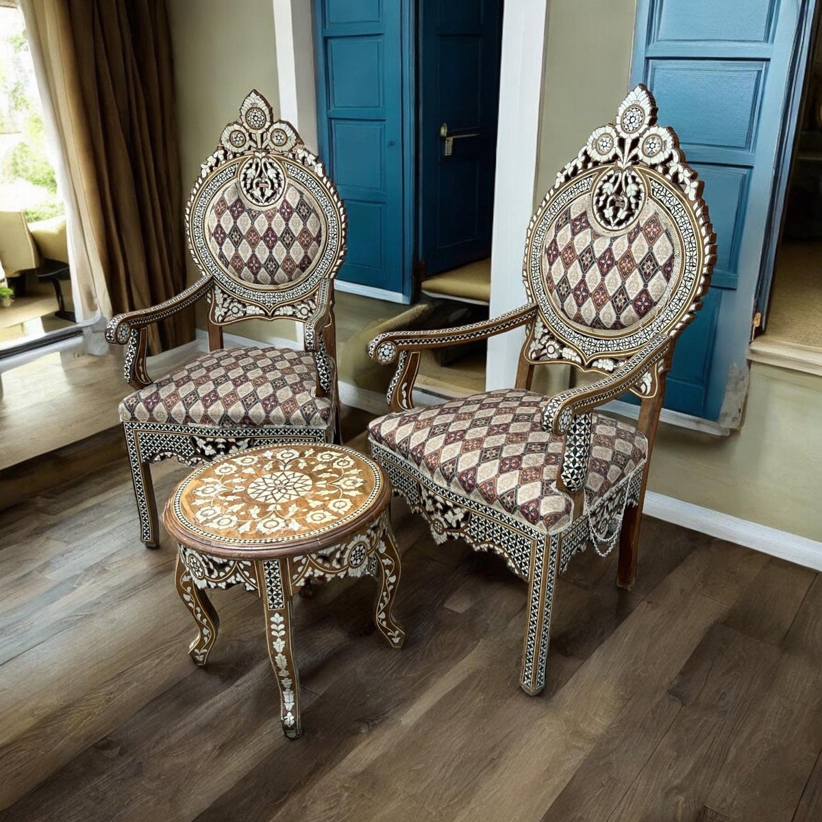 Antique Syrian Mother of Pearl Inlay Chairs & Ottoman Set