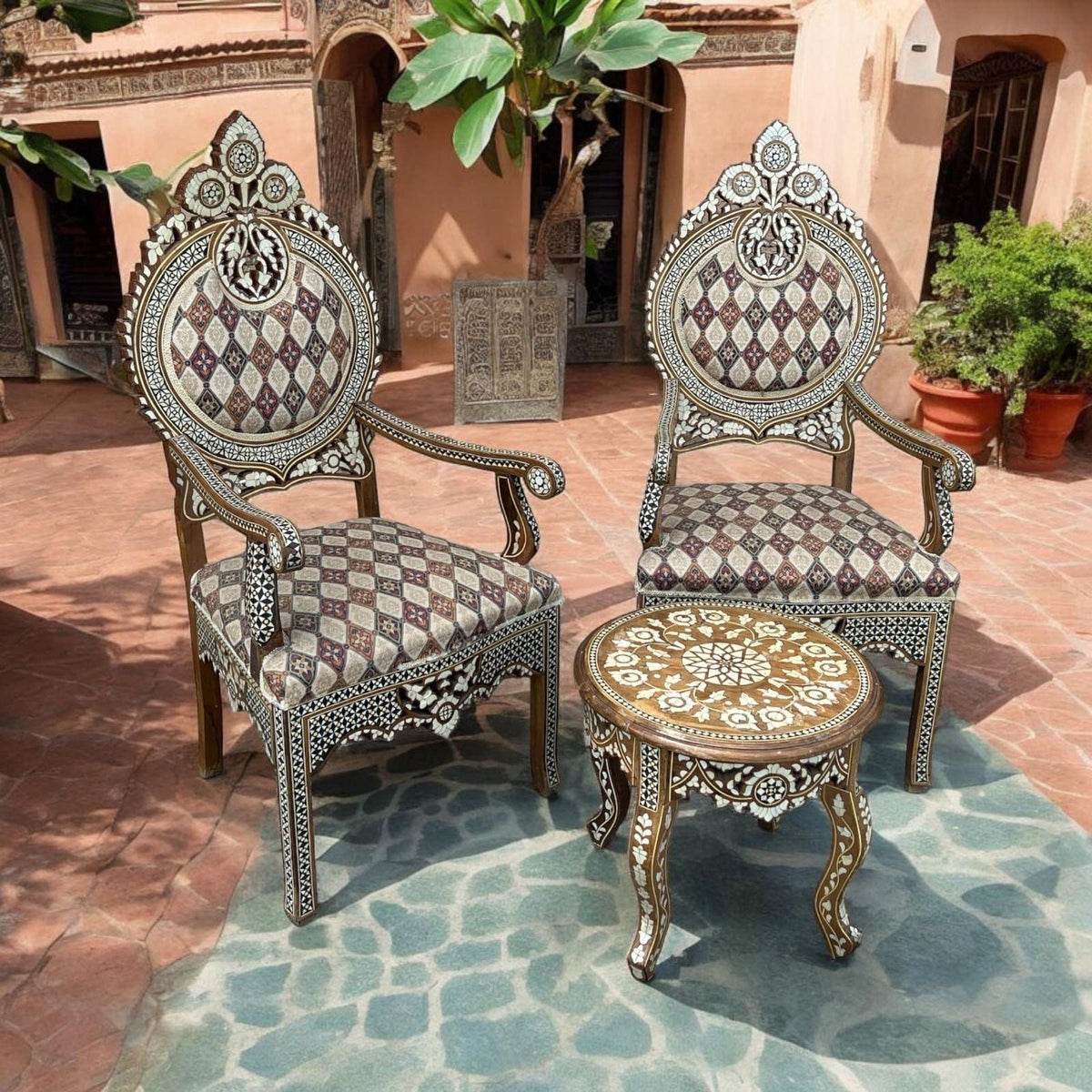 Antique Syrian Mother of Pearl Inlay Chairs & Ottoman Set