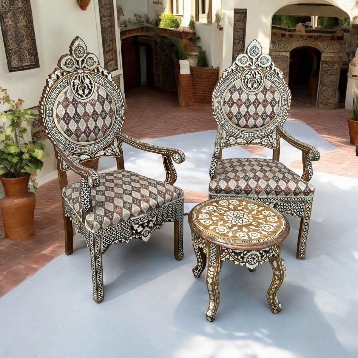 Antique Syrian Mother of Pearl Inlay Chairs & Ottoman Set