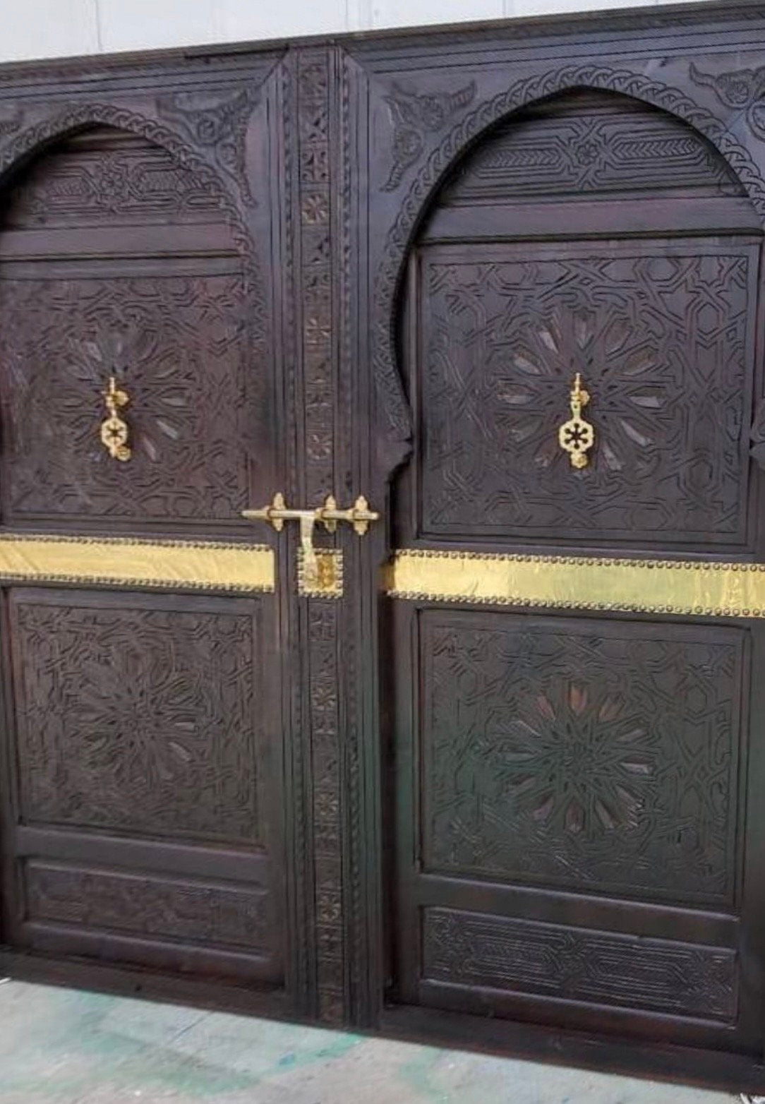 Handmade King Headboard Bed: Moroccan Carved Cedar Doors, Brass Knockers