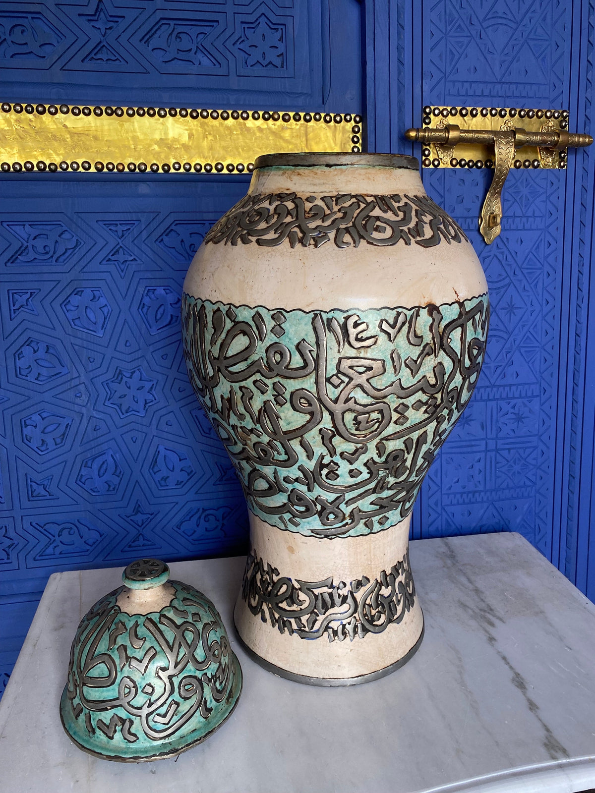 Handcrafted vintage Moroccan Calligraphy Ceramic Jar with Silver Wire Inlay & Turquoise Crackle Glaze