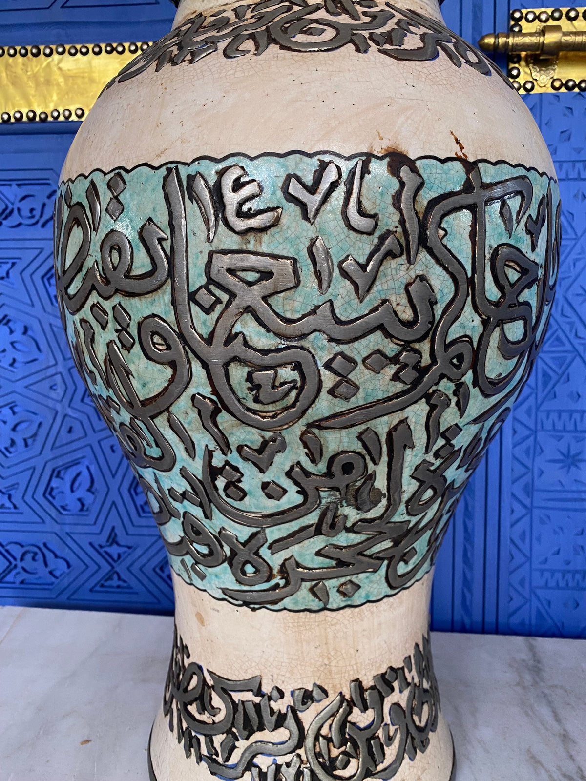 Handcrafted vintage Moroccan Calligraphy Ceramic Jar with Silver Wire Inlay & Turquoise Crackle Glaze