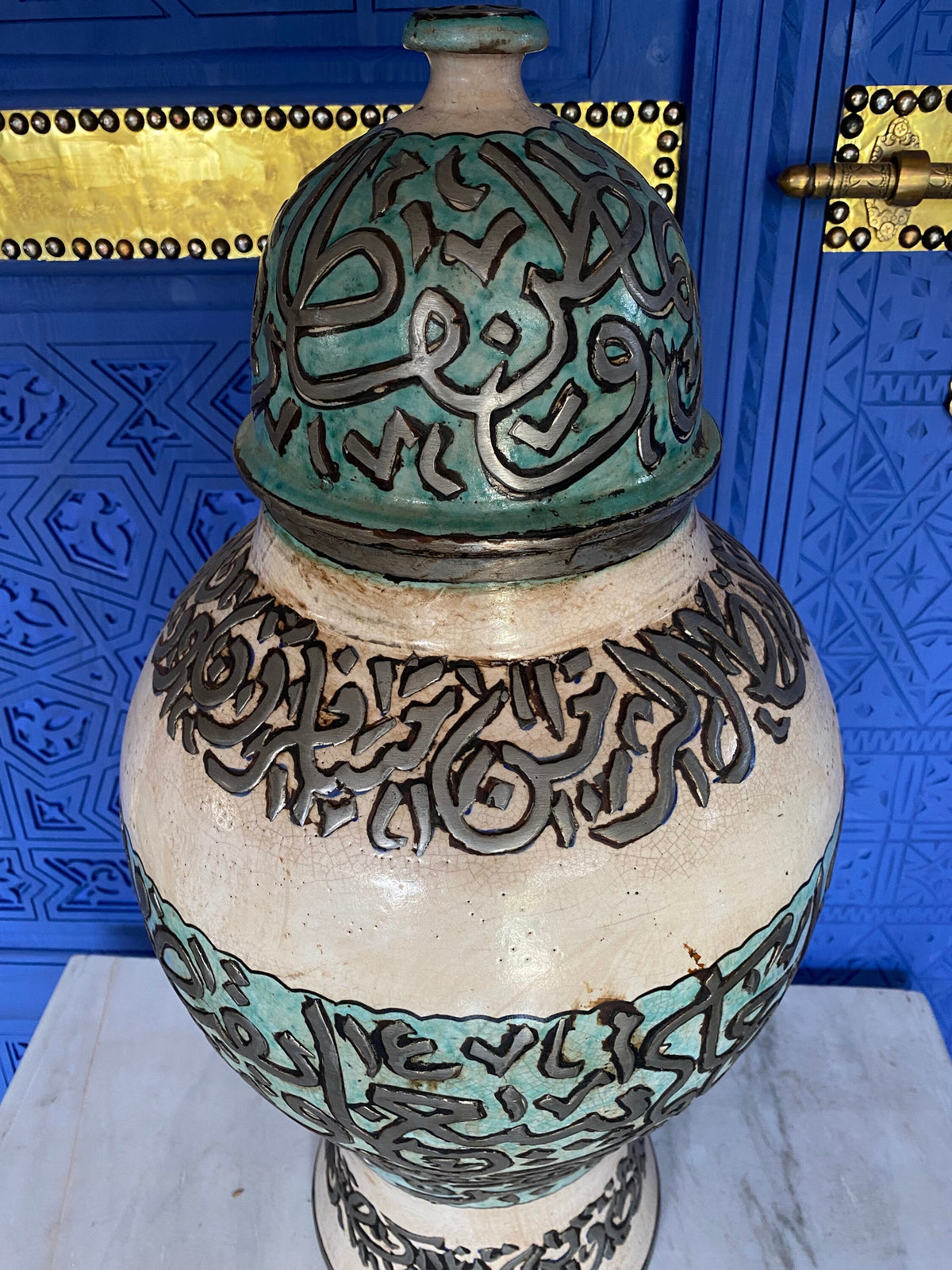 Handcrafted vintage Moroccan Calligraphy Ceramic Jar with Silver Wire Inlay & Turquoise Crackle Glaze
