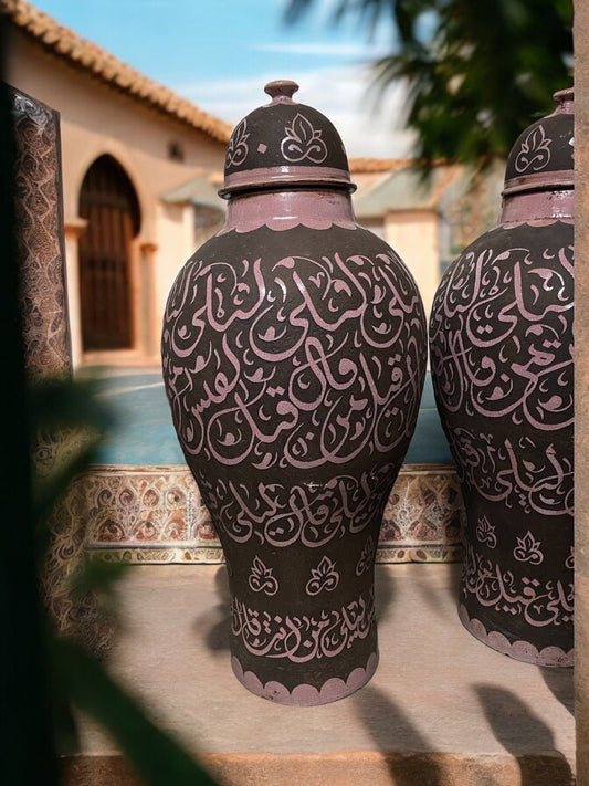 Vintage Moroccan Pottery Vases, Handmade Arabic Calligraphy, Andalusia Decor