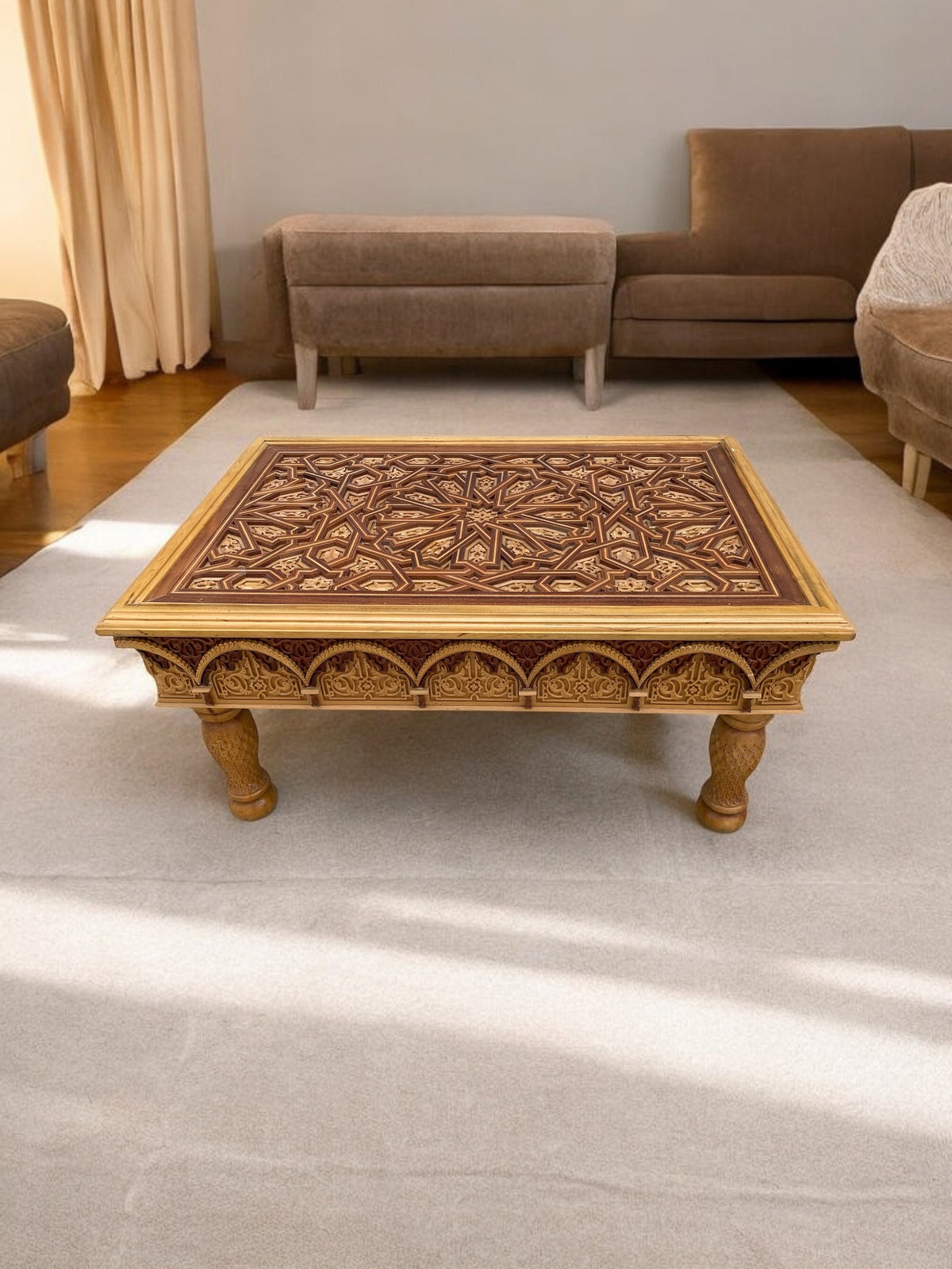 Handmade Moroccan Carved Wood Table, Moorish Andalusian Design