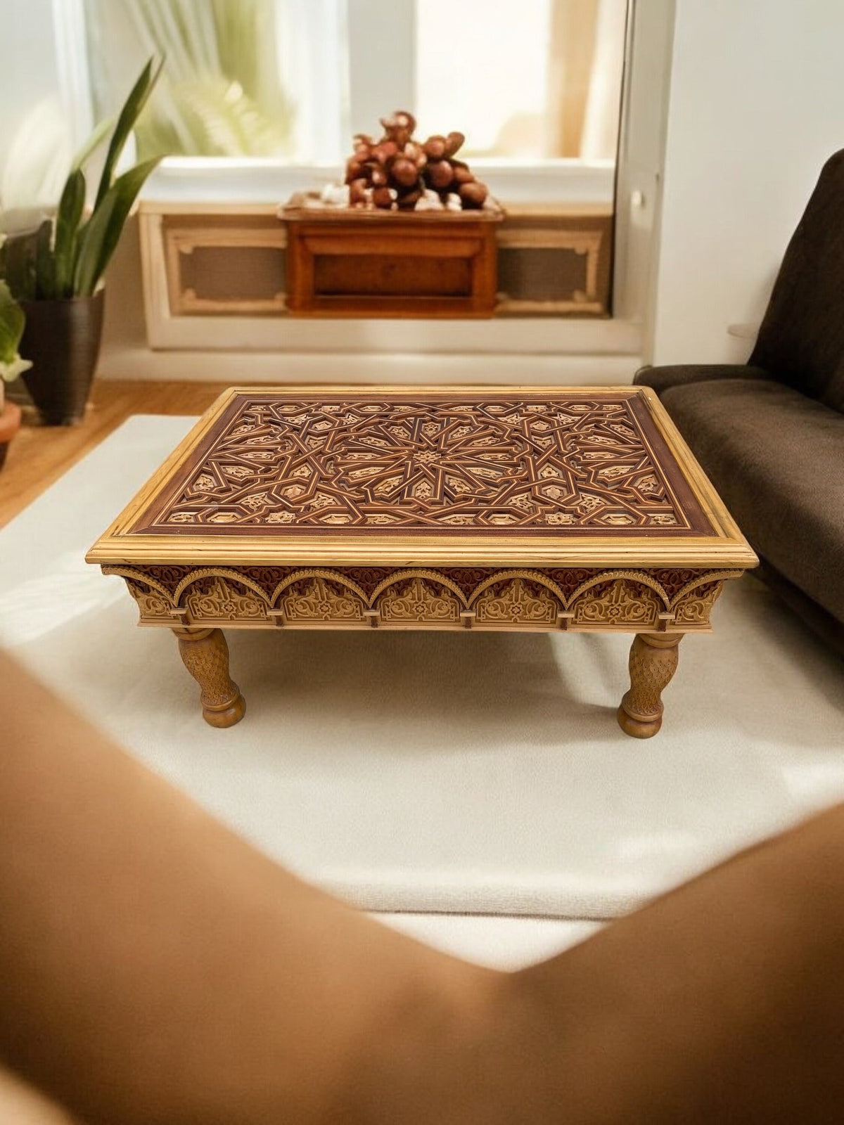Handmade Moroccan Carved Wood Table, Moorish Andalusian Design