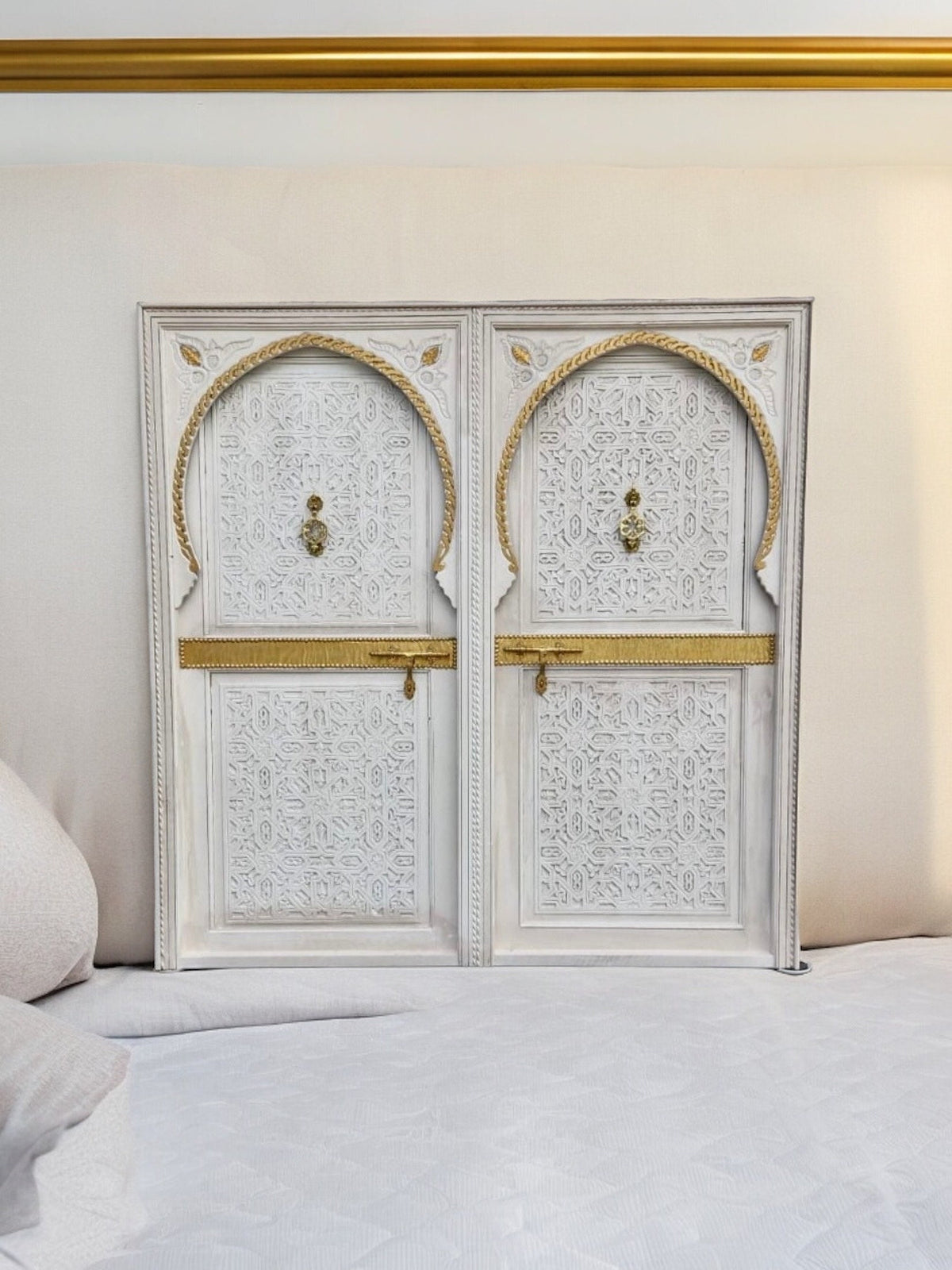 Handmade Moroccan Carved King Bed Headboard: Vintage Geometric Cedar, Brass door knockers