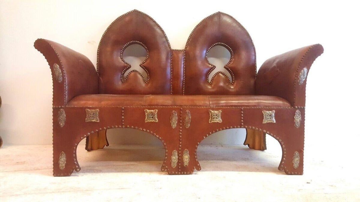 Vintage Moroccan Leather Bench, Handmade Silver Metal Sofa (64” W x 45” T x 29” D