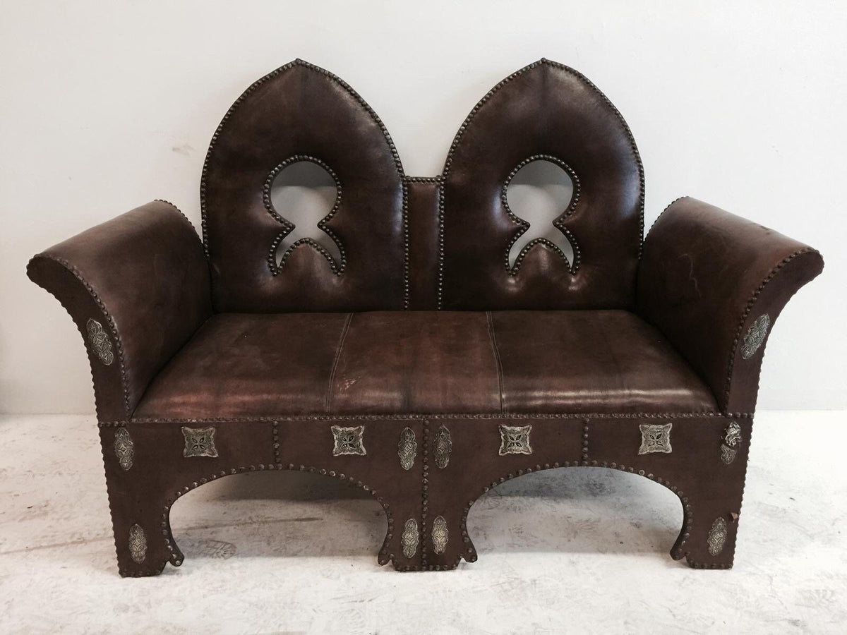 Vintage Moroccan Leather Bench, Handmade Silver Metal Sofa (64” W x 45” T x 29” D