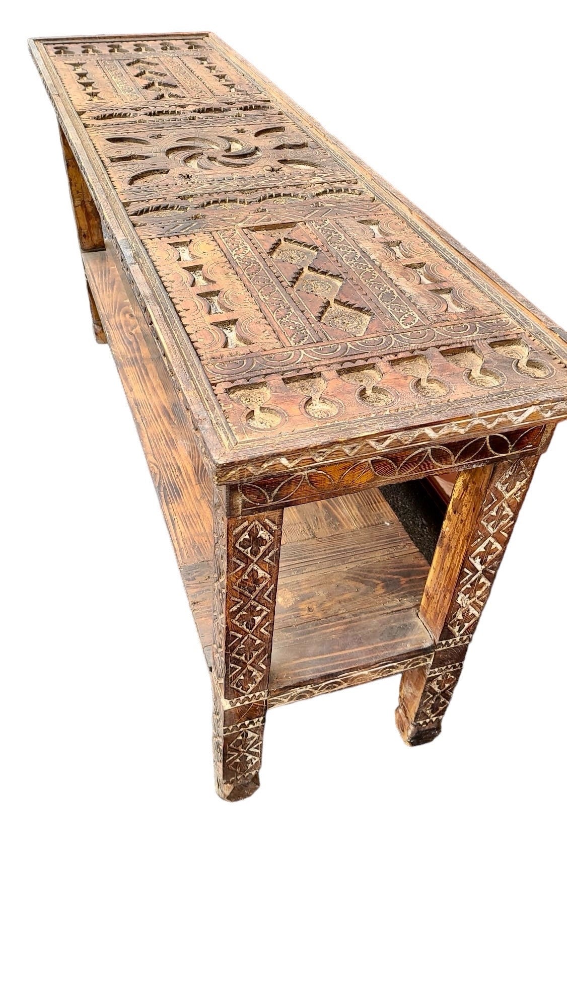 Hand Carved Wood Console, African Berber Rustic Furniture