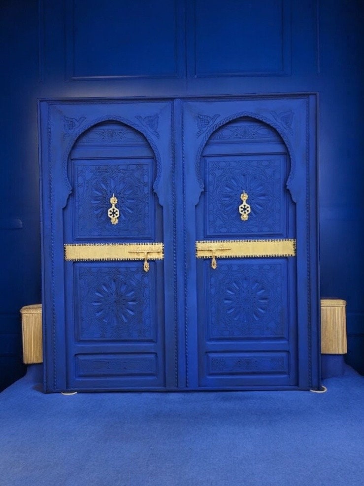 Handmade Moroccan Blue Headboard Bed, Carved Cedar Doors & Brass