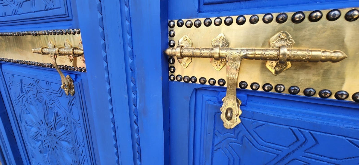 Handmade Moroccan Blue Headboard Bed, Carved Cedar Doors & Brass