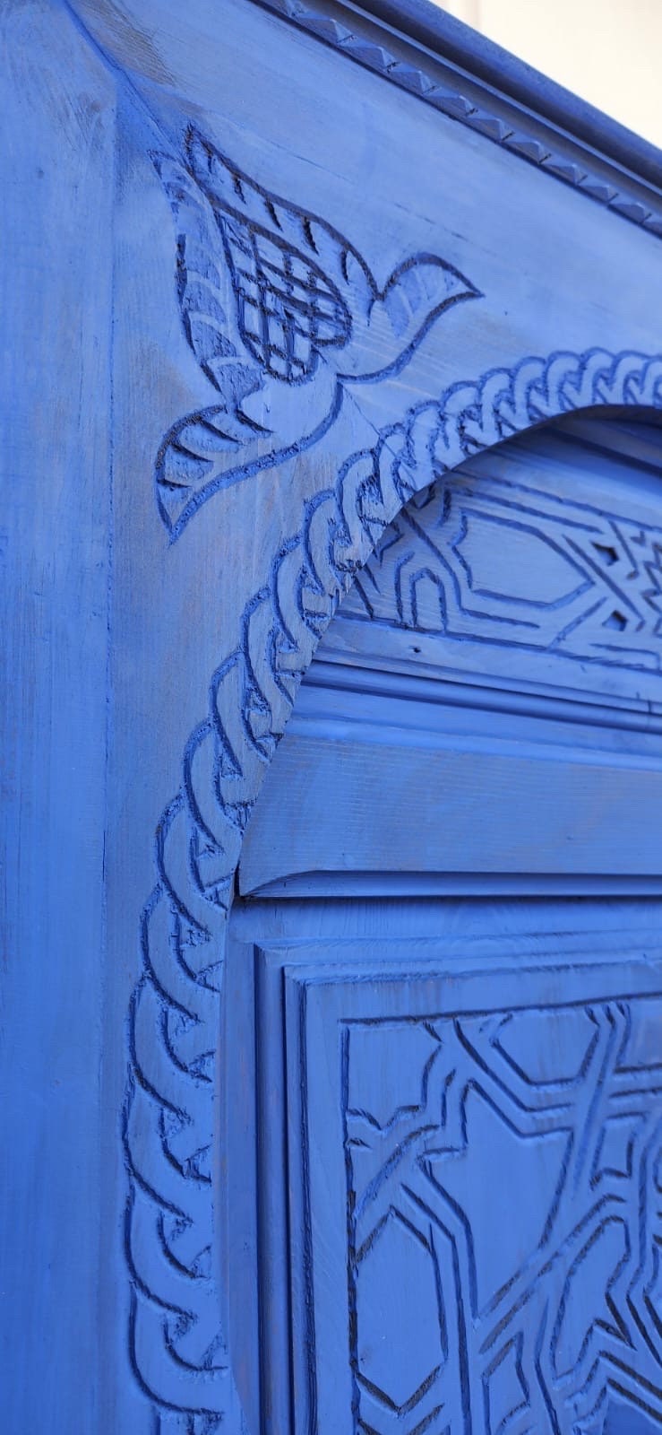 Handmade Moroccan Blue Headboard Bed, Carved Cedar Doors & Brass
