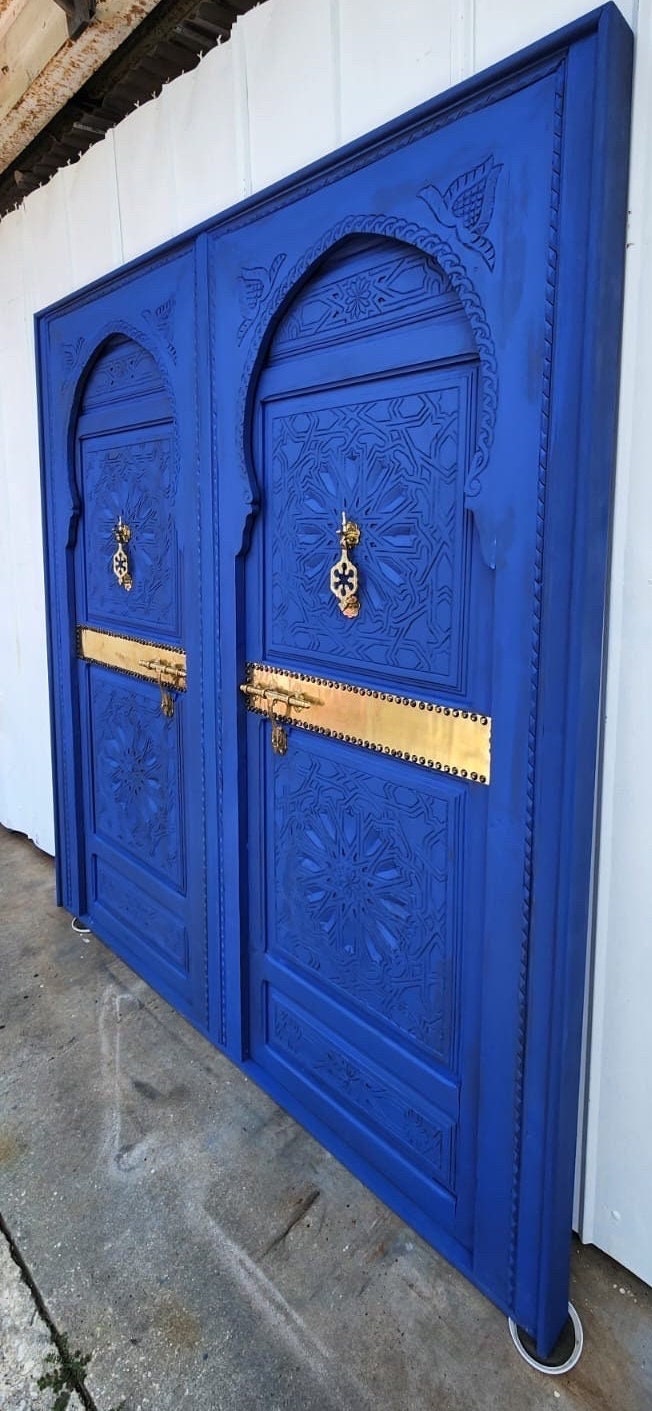 Handmade Moroccan Blue Headboard Bed, Carved Cedar Doors & Brass
