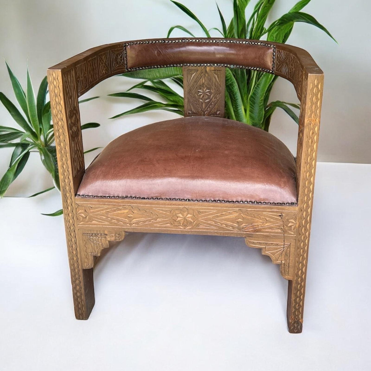 Handmade Moroccan Carved Wood & Leather Chair