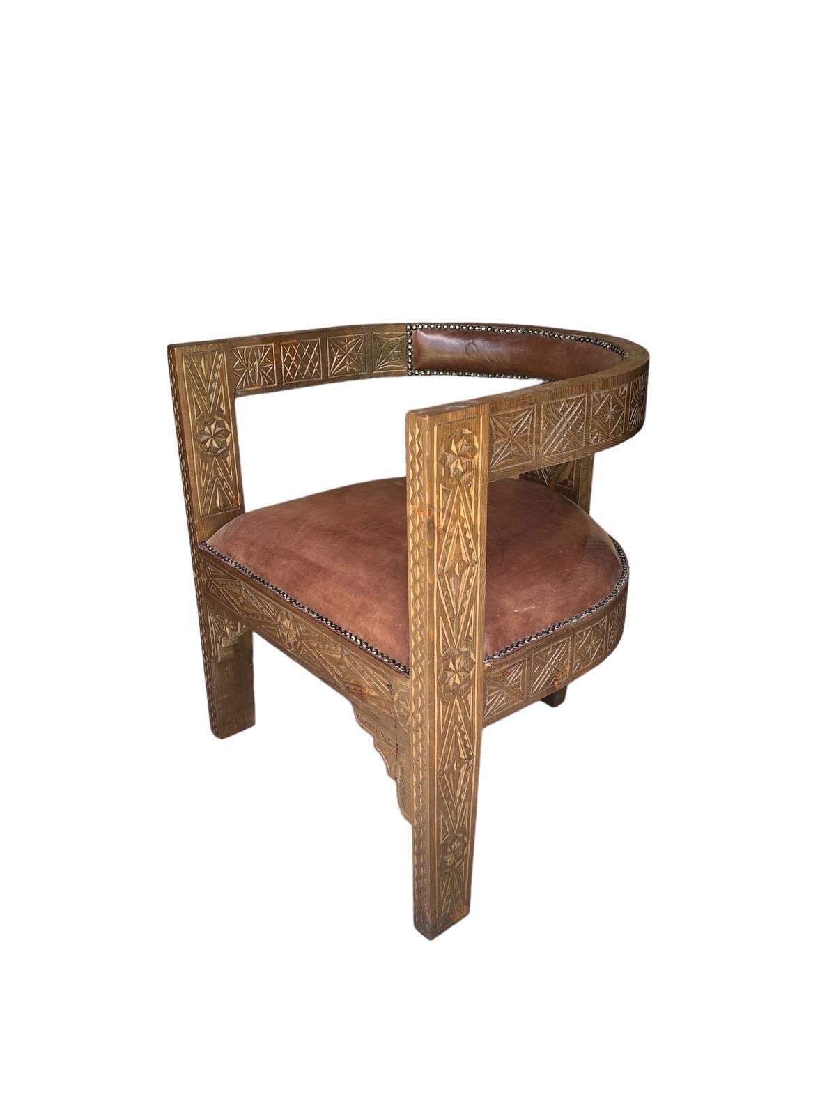 Handmade Moroccan Carved Wood & Leather Chair