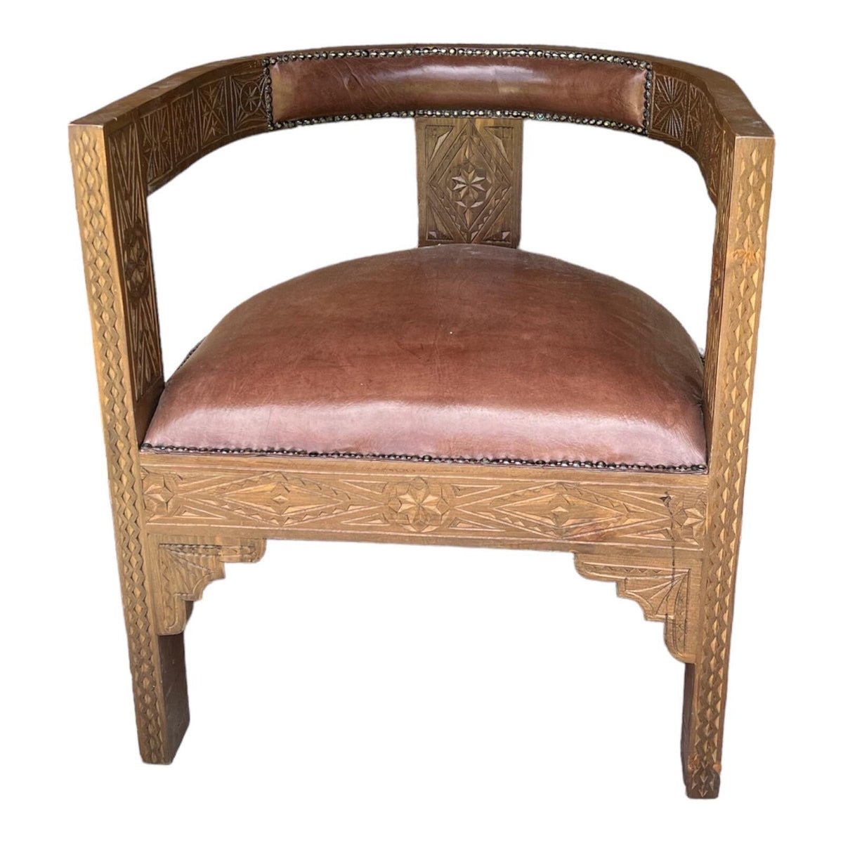 Handmade Moroccan Carved Wood & Leather Chair