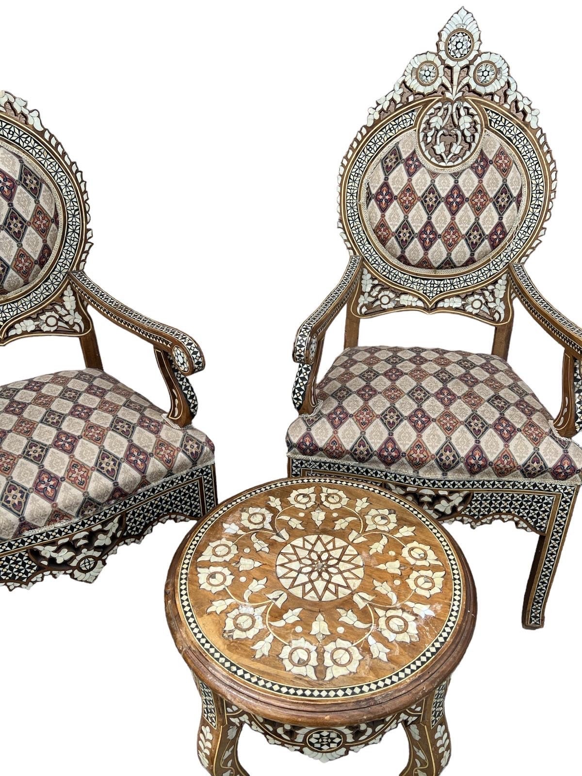 Antique Syrian Mother of Pearl Inlay Chairs & Ottoman Set