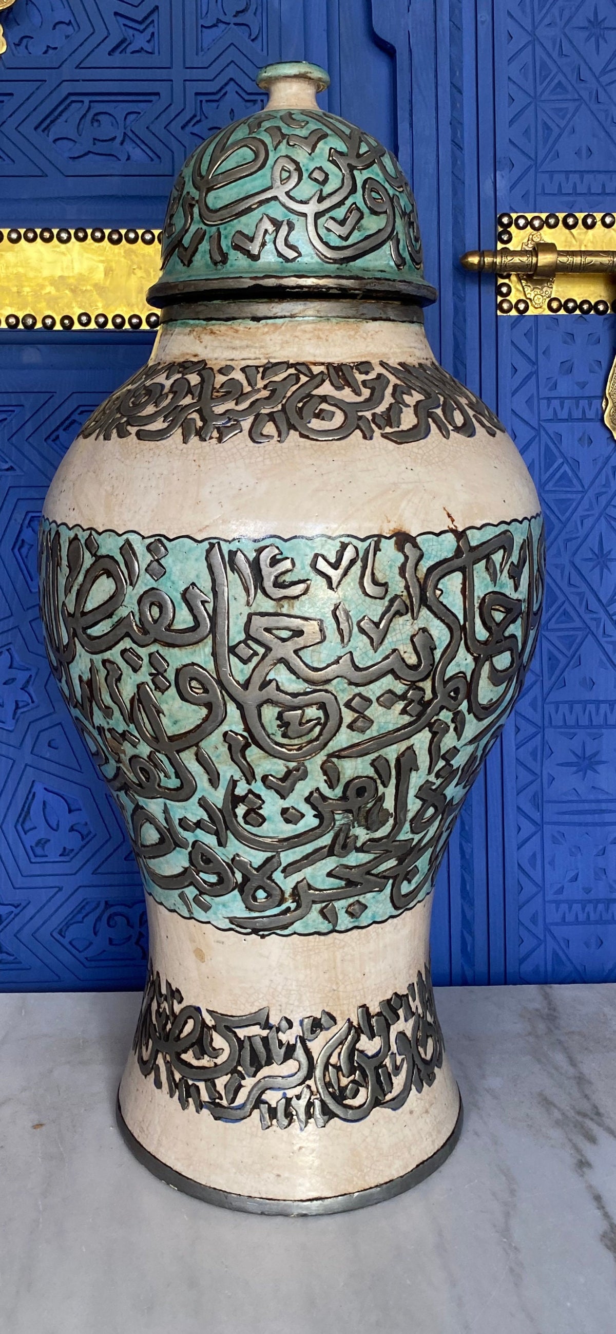 Handcrafted vintage Moroccan Calligraphy Ceramic Jar with Silver Wire Inlay & Turquoise Crackle Glaze