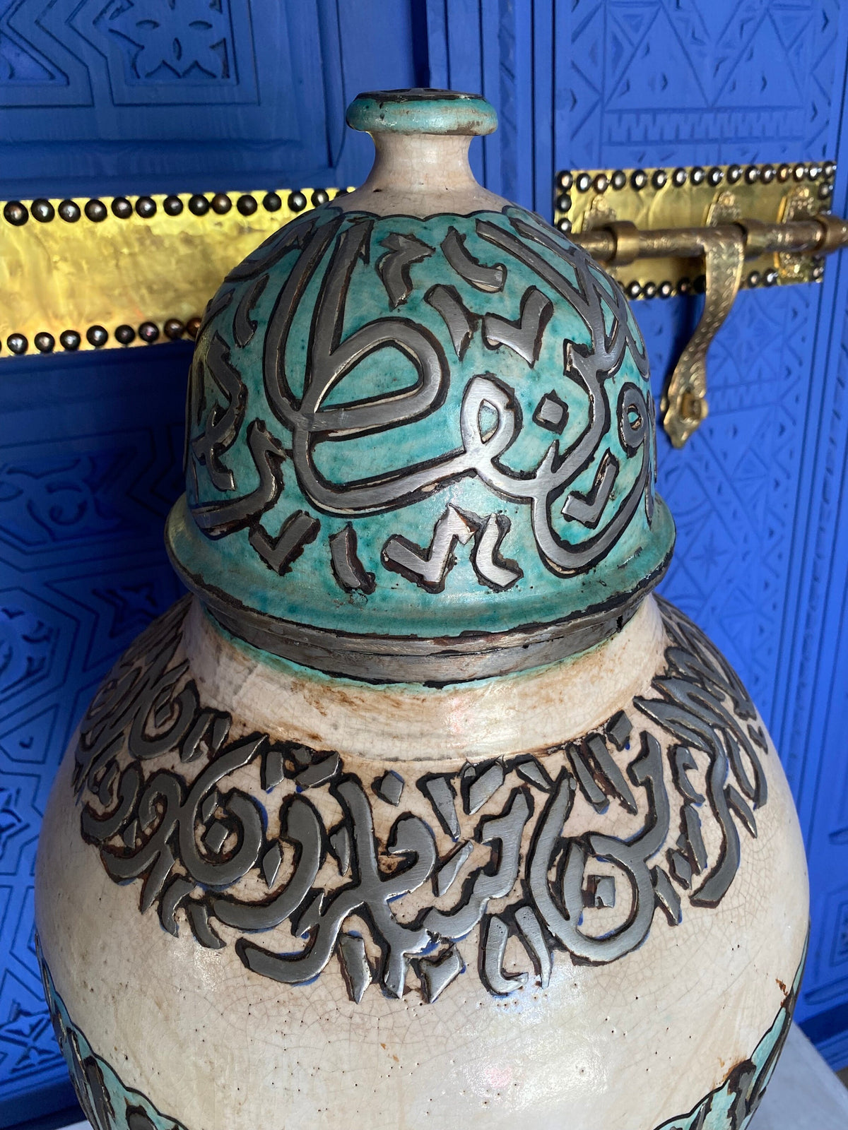 Handcrafted vintage Moroccan Calligraphy Ceramic Jar with Silver Wire Inlay & Turquoise Crackle Glaze