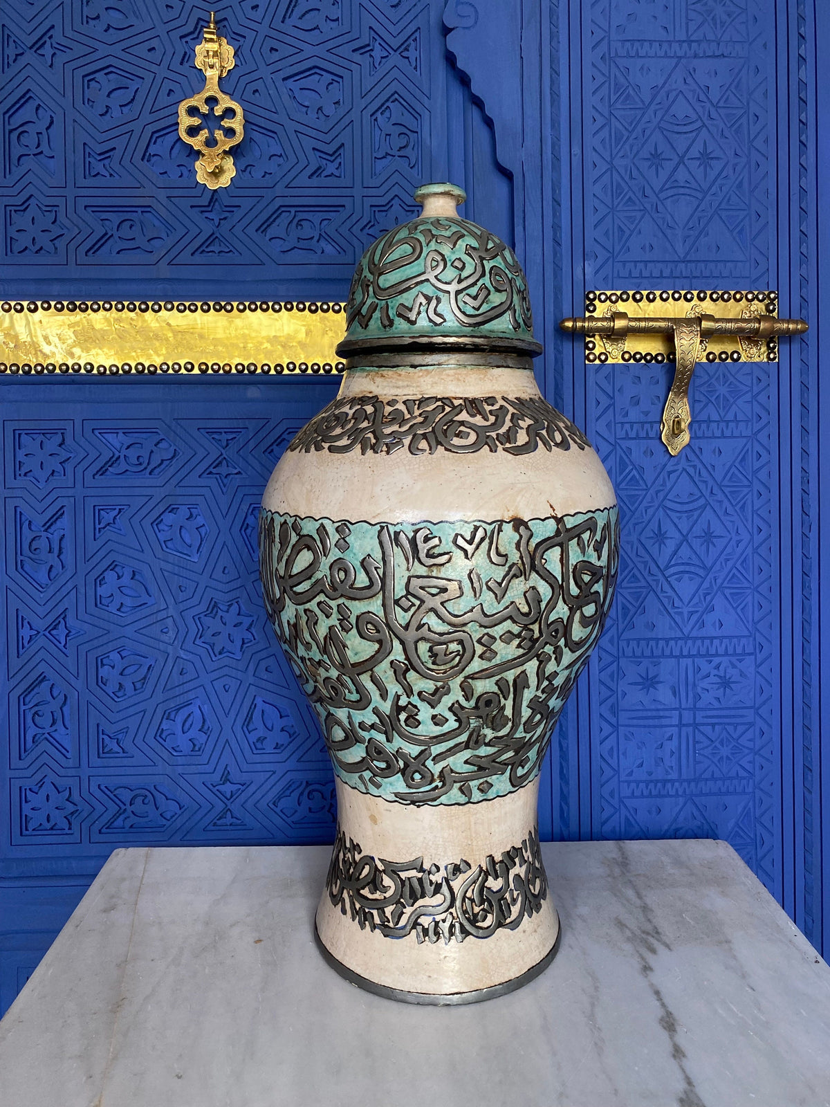 Handcrafted vintage Moroccan Calligraphy Ceramic Jar with Silver Wire Inlay & Turquoise Crackle Glaze