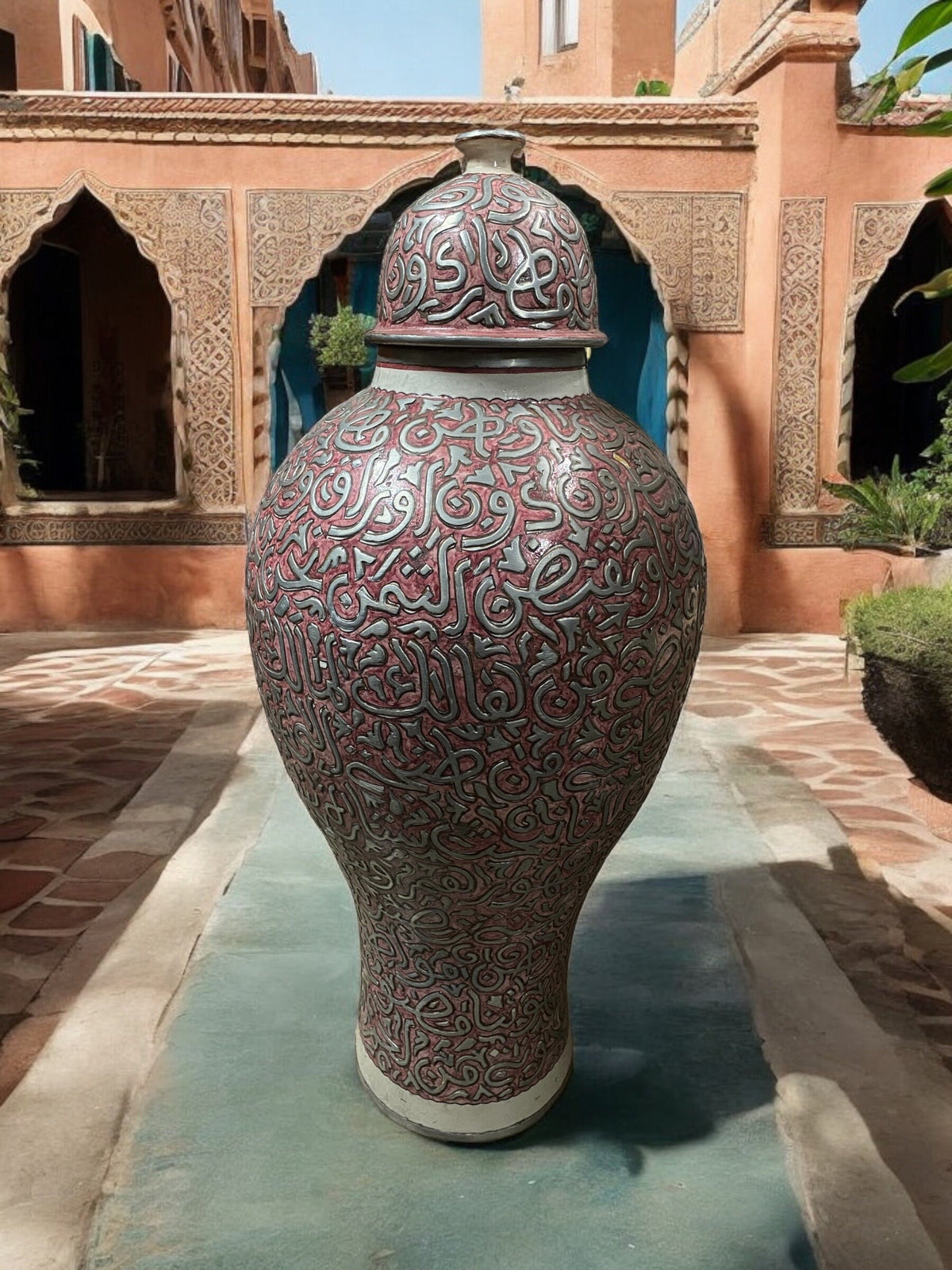 Large Vintage Moroccan Vase, Handmade Pottery with Arabic Calligraphy