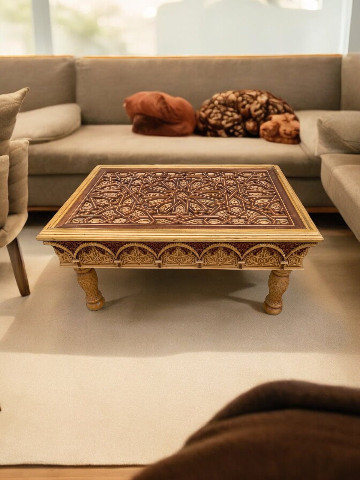 Handmade Moroccan Carved Wood Table, Moorish Andalusian Design