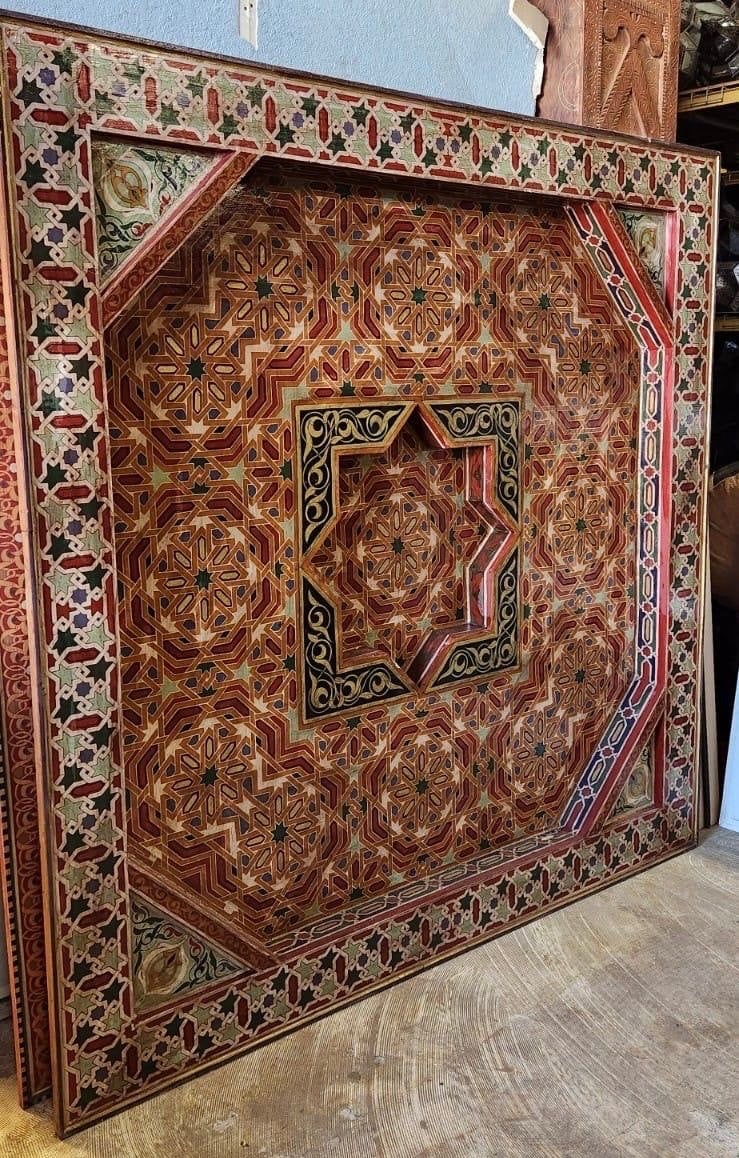 Vintage Hand-Painted Moroccan Wooden Ceiling Panel, Geometric Star Medallion (78x78)
