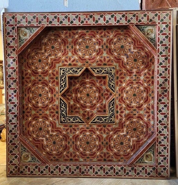 Vintage Hand-Painted Moroccan Wooden Ceiling Panel, Geometric Star Medallion (78x78)