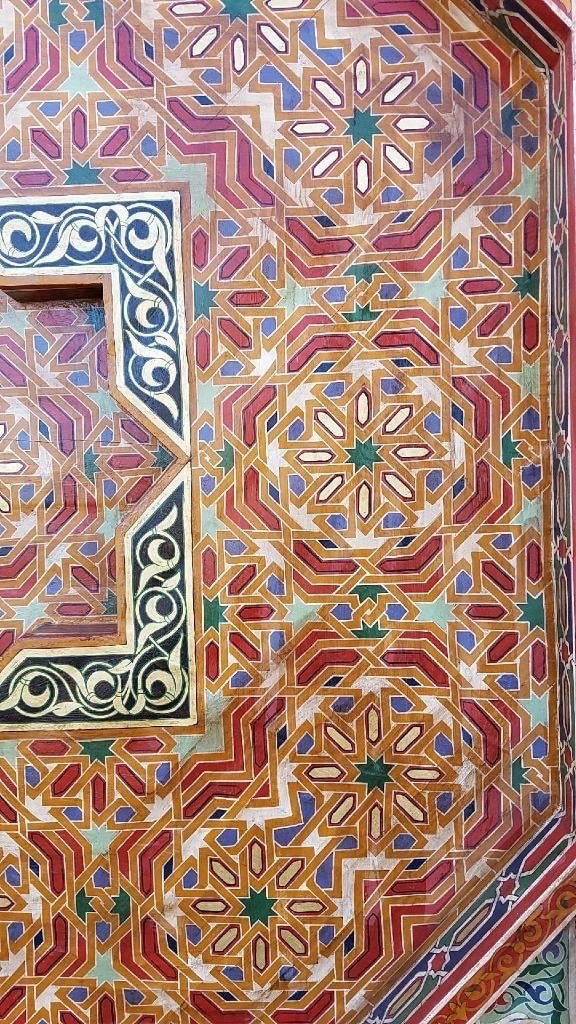 Vintage Hand-Painted Moroccan Wooden Ceiling Panel, Geometric Star Medallion (78x78)