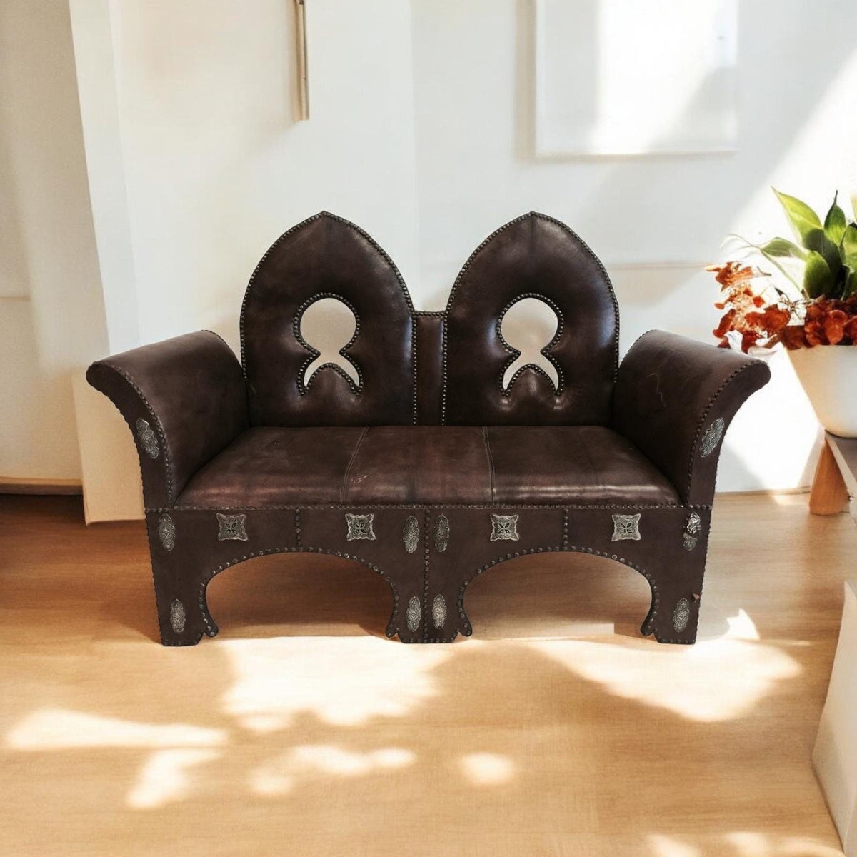 Vintage Moroccan Leather Bench, Handmade Silver Metal Sofa (64” W x 45” T x 29” D